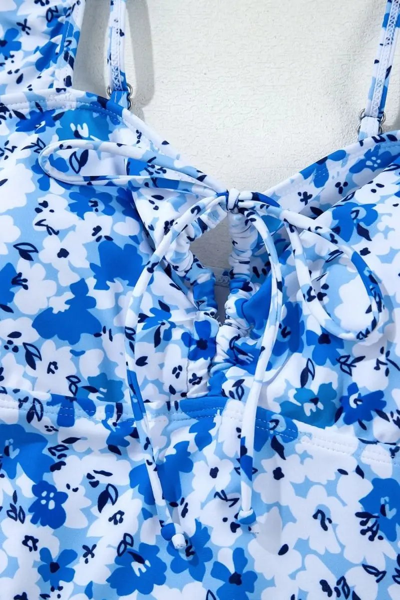 Blue Bohemian Floral Ruffled Lace-Up One-Piece Swimsuit - Love Salve